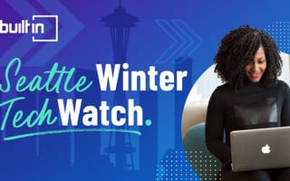 A woman with a laptop in an image circle against a silhouette of Seattle's skyline as a backdrop. The Built In Logo is in the top left corner, and beneath it reads "Seattle Winter Tech Watch"