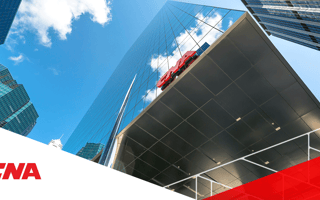 picture of CNA headquarters with the logo shot from below