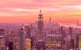 Manhattan skyline at sunset.