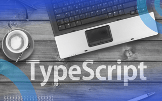 Typescript image of an open laptop on a wooden table. A latte on a saucer sits next to the laptop. Below the laptop is the word TypeScript in white letters