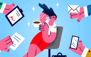 A person leaning back in a chair while holding coffee, ignoring work requests.