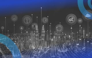 A city skyline with a technical overlay