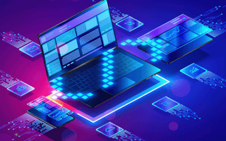 A laptop surrounded by web development icons.