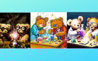 OpenAI tweeted three DALL-E 2-generated images depicting “Teddy bears mixing sparkling chemicals as mad scientists” in the style of steampunk (left), a 1990s Saturday morning cartoon (center) and digital art (right).