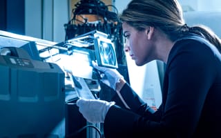 Two engineers discuss the contents of a computer monitor at an aerospace lab