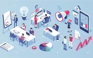 An illustration of a workplace with abstractions of the work each employee is undertaking