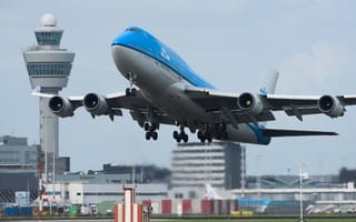 747 Taking off on a runway in Amsterdam.