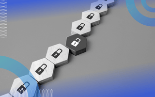 Data integrity image of a line of stacked hexagons showing locked padlocks. One hexagon is pulled out of the line and shows an unlocked padlock.