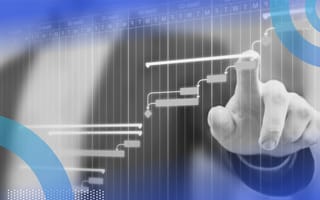 Gantt chart image of a man's hand on a clear screen drawing out a Gantt chart with his index finger