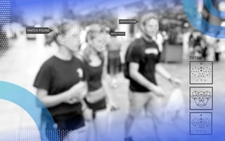 Machine learning algorithms image of three people blurred out by a machine learning interface that is learning about what is in the image. Various labels appear laid over the people in the image.