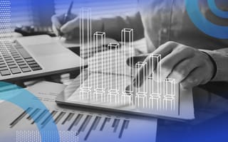 Quantitative modeling image of a person using a tablet with a 3D image of a bar graph hovering above the tablet.
