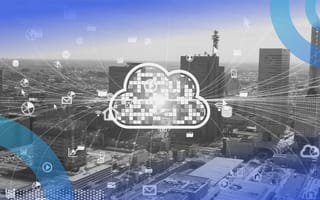 SaaS image of a cityscape shot from the sky. Overlaying the image is an illustration of a cloud with a network-like web covering the entire city.