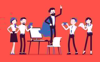 Office workers celebrate a peer who is wearing a cape and standing on a chair in a super hero pose — illustrated image