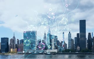 The NYC skyline with a neural network overlay.