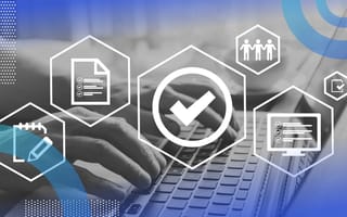 software quality assurance (SQA) imag of two hands on a keyboard. In the foreground there are several hexagons with different images in there indicating different parts of a workflow including a pad of paper and a pen, a checkmark, a computer. The image e