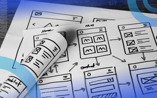 User flows image of a user flow in process by a UX design team. We see boxes with cartoon features drawn on and arrows indicating how the user should move through the application.