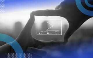 Video marketing image of two hands creating a square with their fingers with a rectangle and play button in between them.