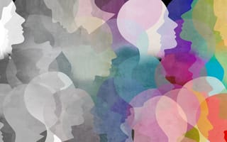 head silhouettes changing from black and white to rainbow hues