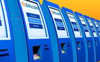 A row of Bitcoin ATMs extending infinitely into the distance.