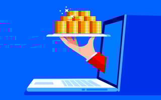 A VC tech firm employee holding a plate of money through a laptop screen.