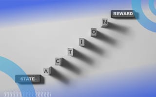 Blocks arranged in an upward path with the words "state, action and reward" printed on them.