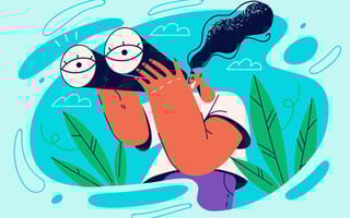 An illustration of a woman looking through binoculars