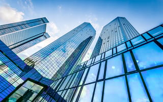 A ground-level shot of high-rise buildings