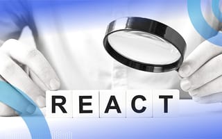 A person holding a magnifying glass over the word "react".