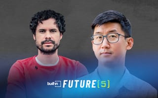 Wavlake co-founders Sam Means and Michael Rhee pose for separate photos against a grey background.