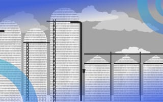 data silos image of grain silos filled with zeroes and ones
