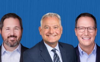 Earth Finance co-founders Garrett Kephart, Reuven Carlyle and Bryan Weeks against a blue striped background.