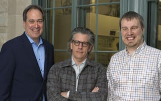 Mattiq co-founder Chad Mirkin, CEO Jeff Erhardt, and CTO Andrey Ivankin post for a photo in front of a building.