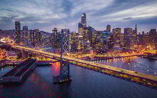 A nighttime view of the San Francisco skyline.