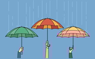illustration of three held umbrellas of different colors in the rain