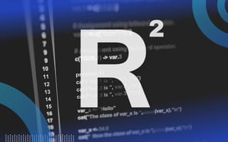 The letter R over a computer screen with python code displayed.