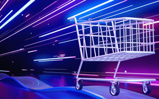 A shopping cart speeding at the cutting edge of retail innovation.
