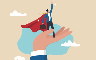 giant hand holding businessman dressed as a superhero with arm pointed toward the sky