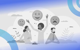 Sentiment analysis illustration of three people who each have an emoji-like speech bubble over their head. From left to right they're neutral, happy, and sad.