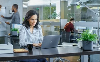 Office workers work in a bright open office environment