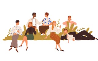 An illustration shows people sitting around bushes and leaves and talking to one another