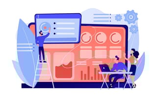 A graphic shows a man on a ladder analyzing a chart. His two colleages sit on the right side of the graphic and watch him