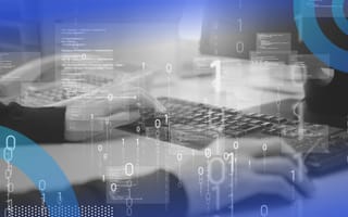 Binary image of a person's hands working on a keyboard with an overlay of binary numbers across the image in vertical lines