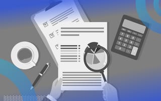 Data validation illustration of a person's hands holding a report and looking at a pie chart under a magnifying glass