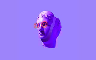 3D render of a Roman sculpture's head over a bright purple background. There are two floating magenta happy faces over the eyes.