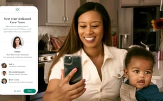 A woman holds her smartphone with her child on her lap. A nearby screenshot shows a list of virtual care providers available on the Maven platform.