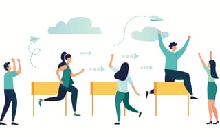 People jumping over obstacles as others cheer them on.