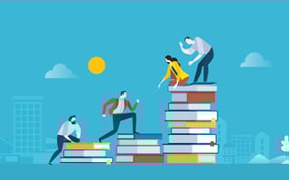 Four people climbing up three towers of books that got progressively higher.