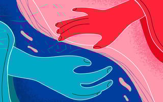 illustration of a blue hand and red hand reaching towards one another