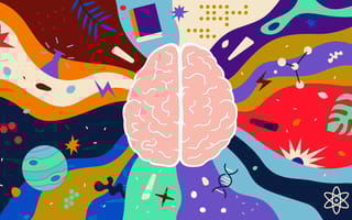 A stylized illustration of a brain surrounded by multicolored wave patterns and symbols including leaves, planets, books, scientific images and other learning-related icons