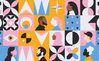 A pattern of small squares highlight diverse faces in profile and a variety of abstract symbols